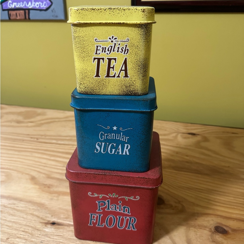 Vtg Metal Red Green Yellow Retro Kitchen Canisters Flour Sugar Tea